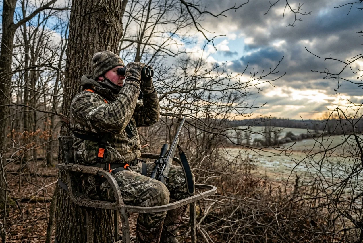 A bundled hunter glassing from a treestand under a dramatic clearing sky as a front passes