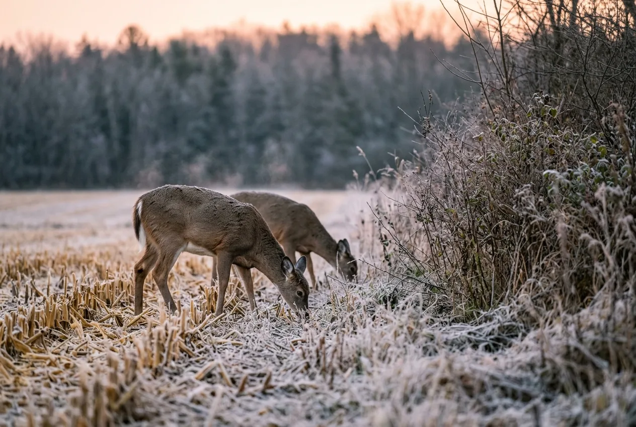 Two does feeding along a frosty field edge at dawn in late autumn