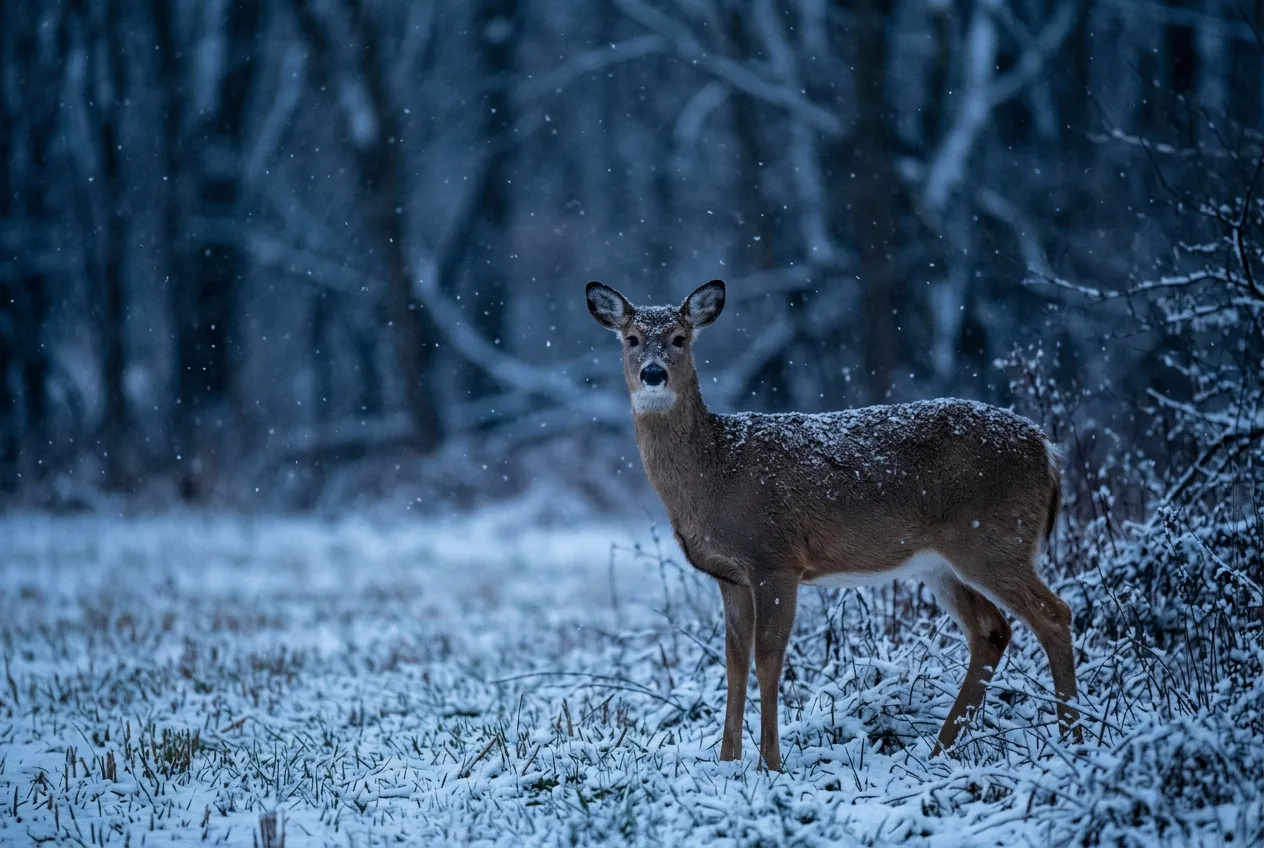A white-tailed deer at a field edge at dusk during light falling snow