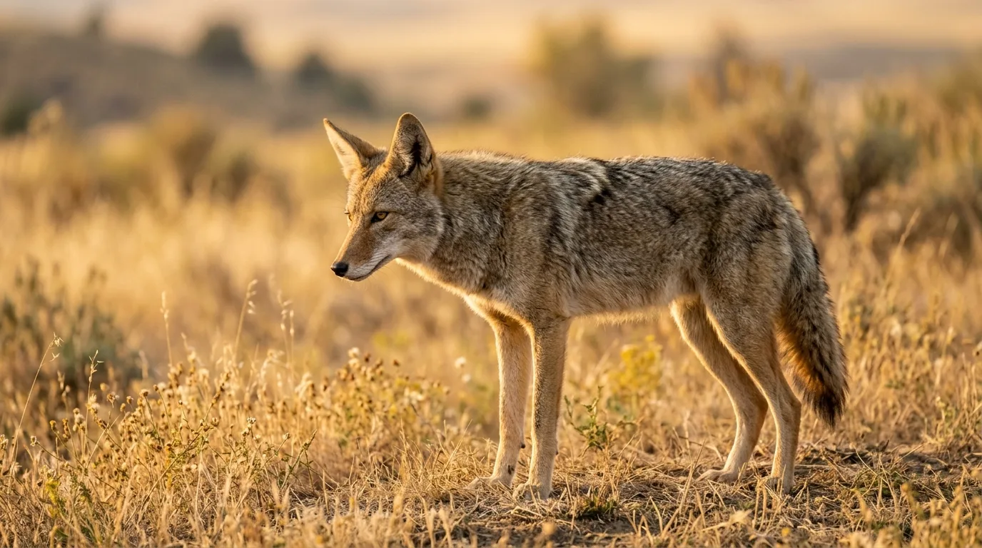 A coyote standing alert in a grassy field at golden hour, looking across the ground