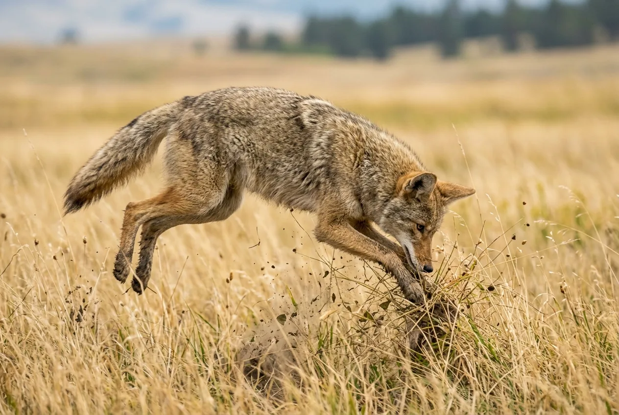 A coyote pouncing nose-down into grass to catch a rodent