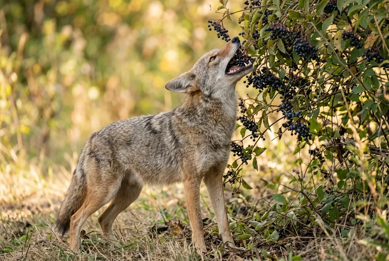 A coyote reaching up to eat berries from a shrub, showing omnivory