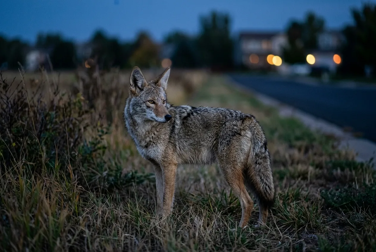 A coyote standing at the grassy edge of a suburban neighborhood at dusk