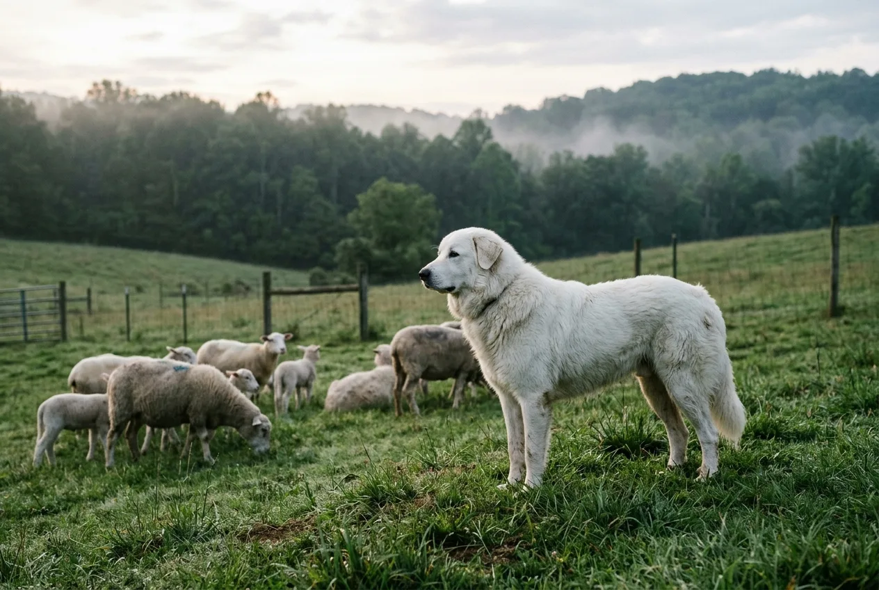 A livestock guardian dog standing watch among sheep in a pasture at dawn