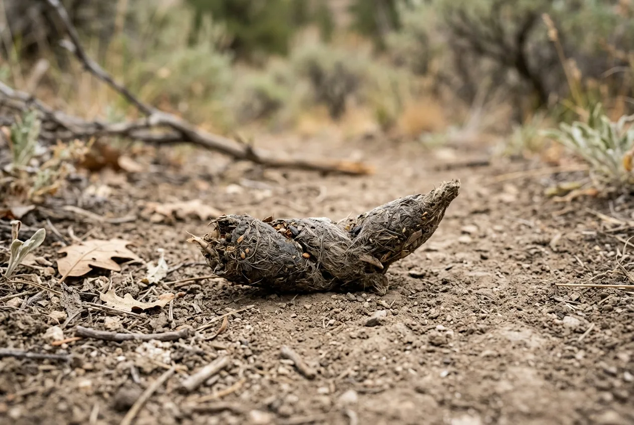 Coyote scat on a dirt trail containing visible fur and seeds