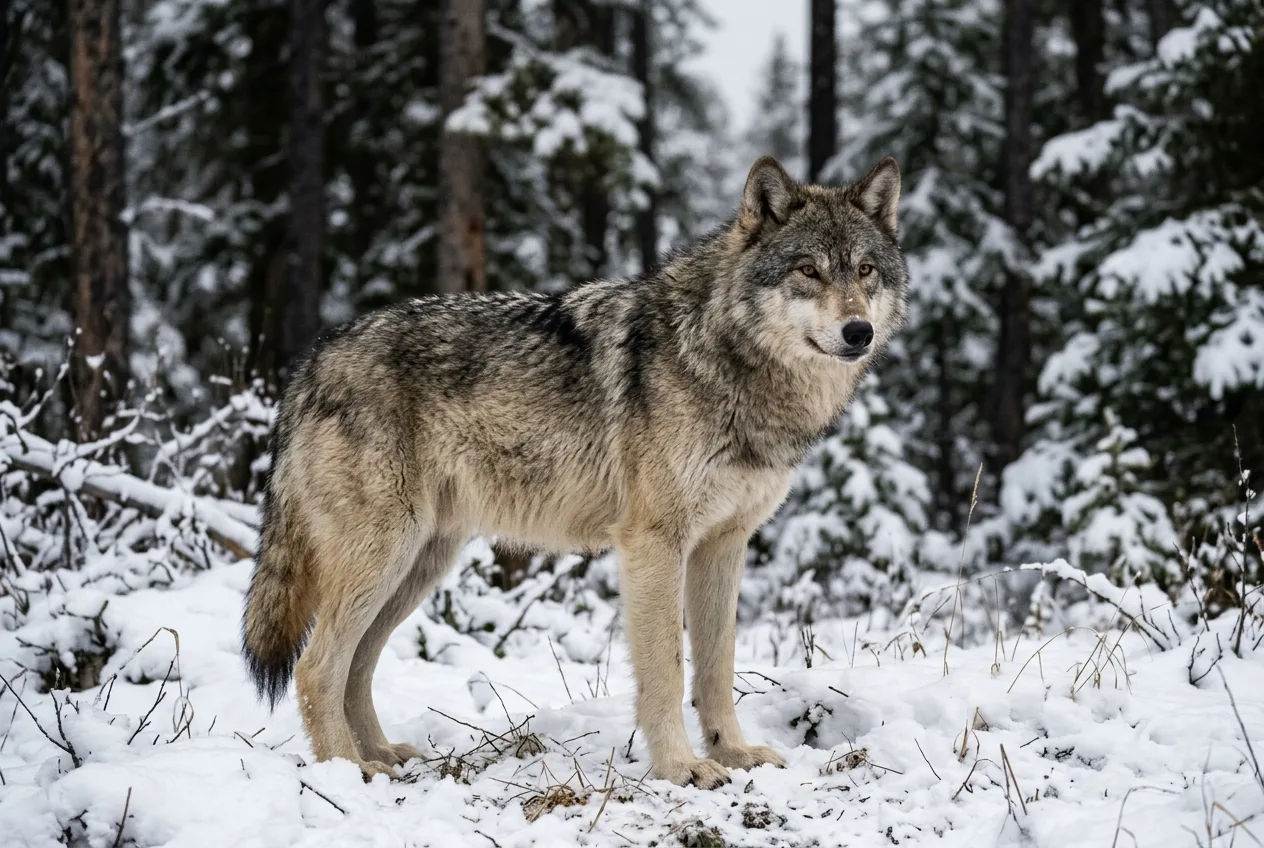 A gray wolf standing in a snowy northern forest clearing, showing its heavy blocky build
