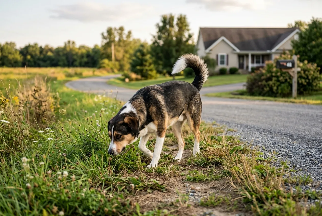 A loose domestic dog wandering and sniffing along a rural roadside near houses