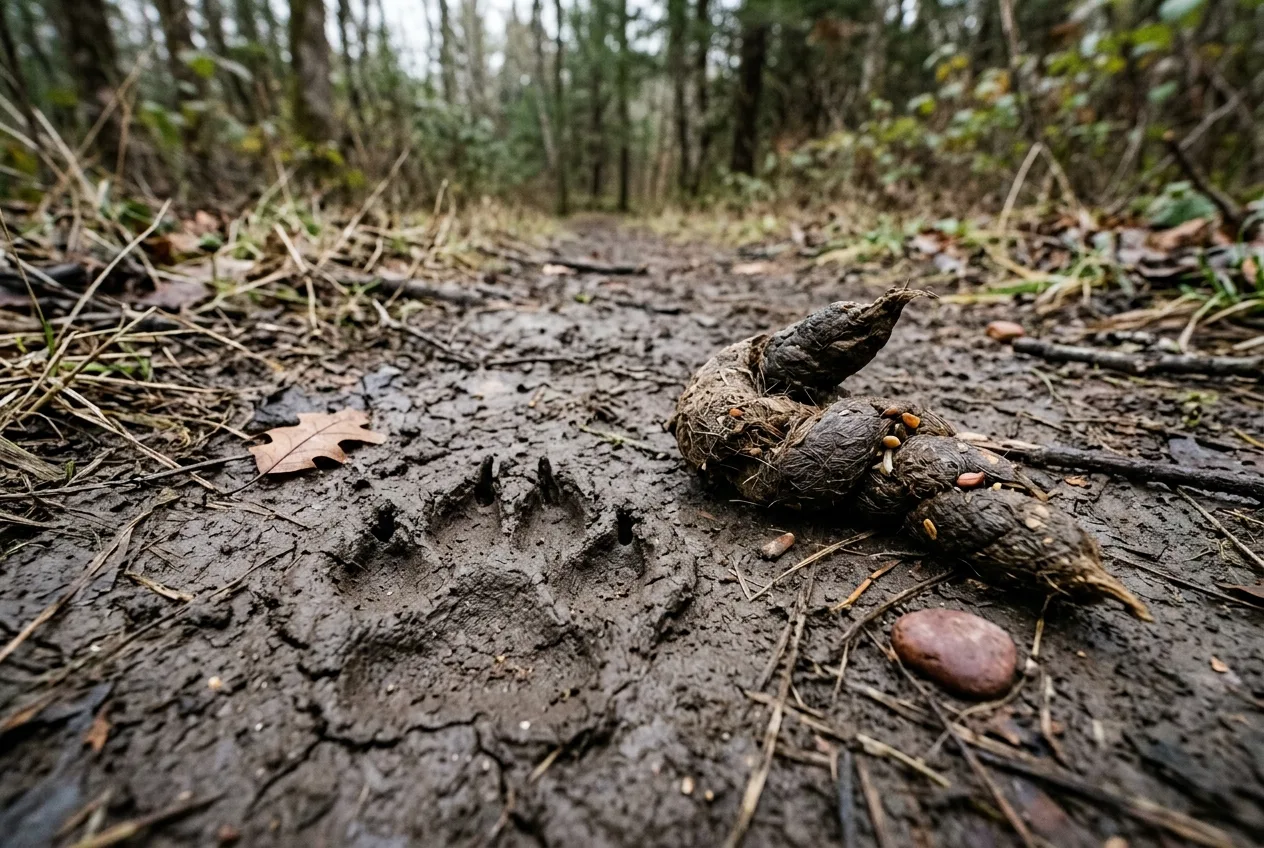 Close view of a canid track and scat on a muddy trail showing claw marks