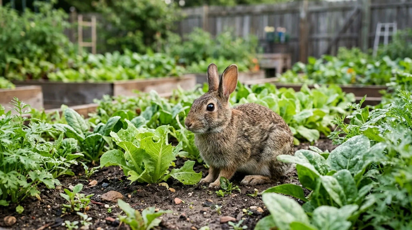 A wild rabbit feeding among rows of leafy vegetables in soft daytime light