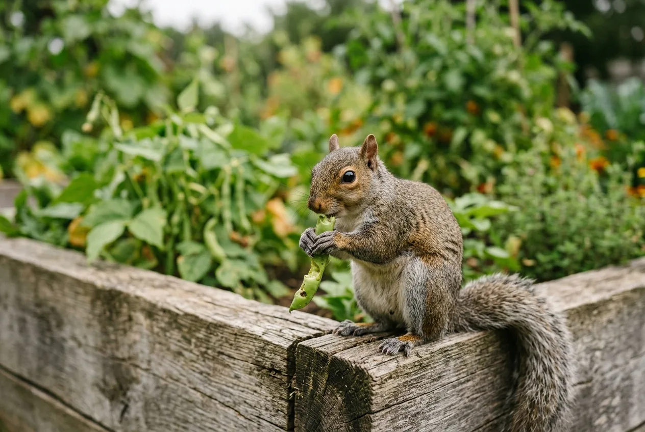 A grey squirrel on the edge of a raised vegetable bed holding a nibbled bean pod