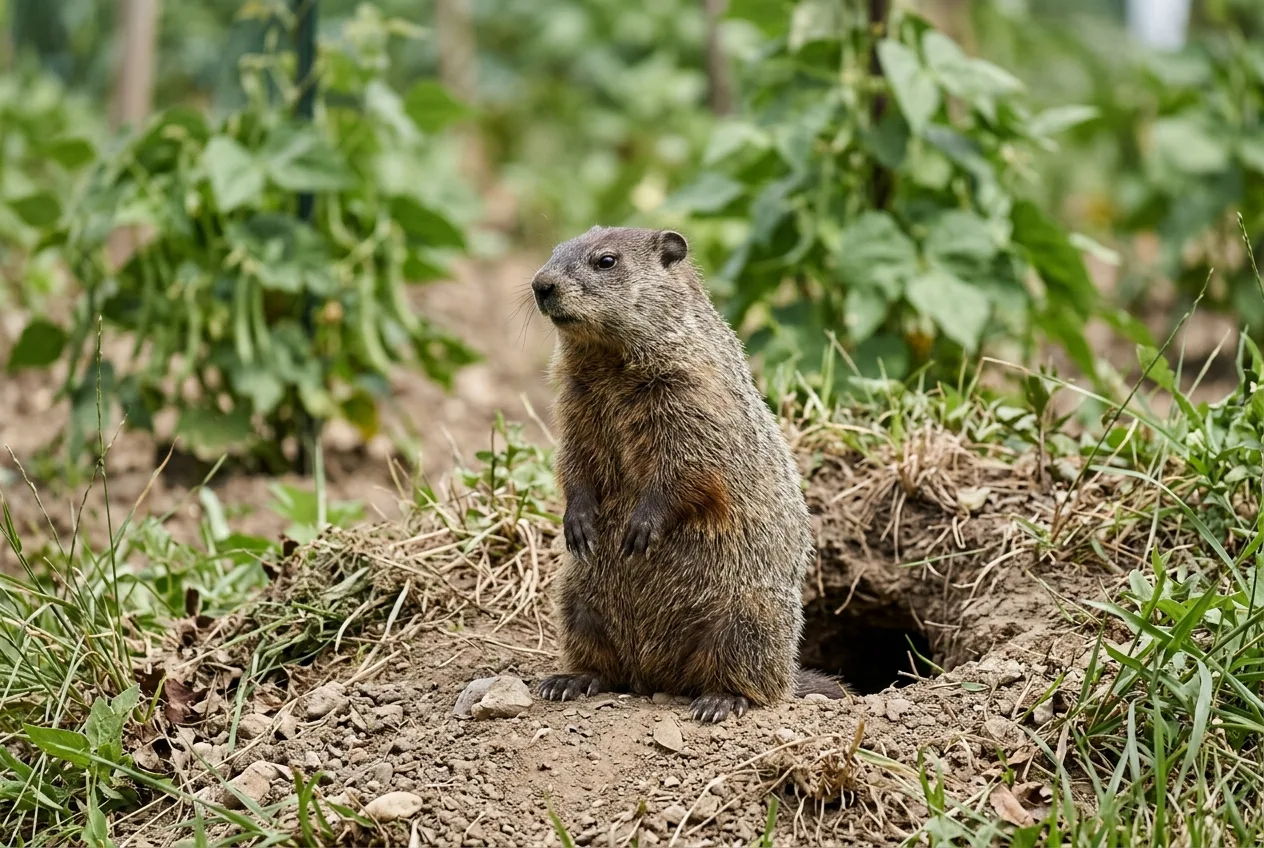 A groundhog sitting at the mounded soil entrance of its burrow beside a garden