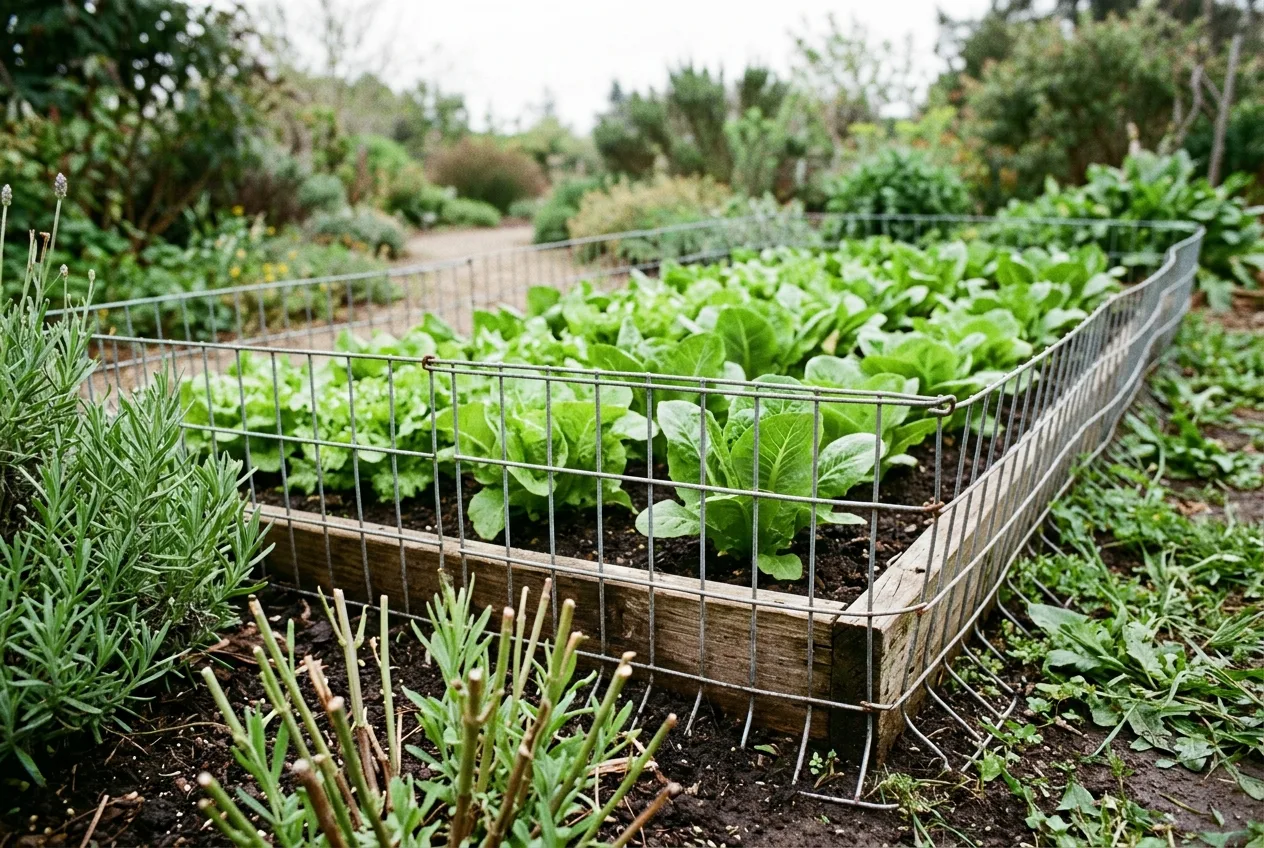 A low buried wire-mesh fence protecting a raised bed of lettuce in a garden