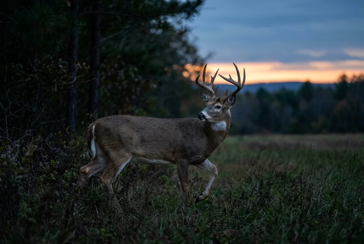 A mature white-tailed buck stepping out of the treeline at dusk in blue twilight