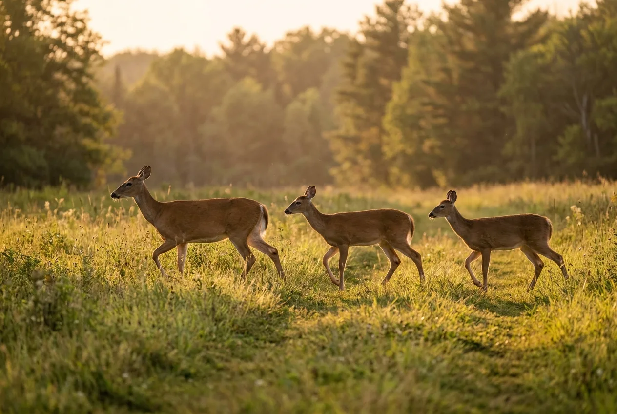 A doe and two yearling deer crossing an open meadow in the golden last light of evening