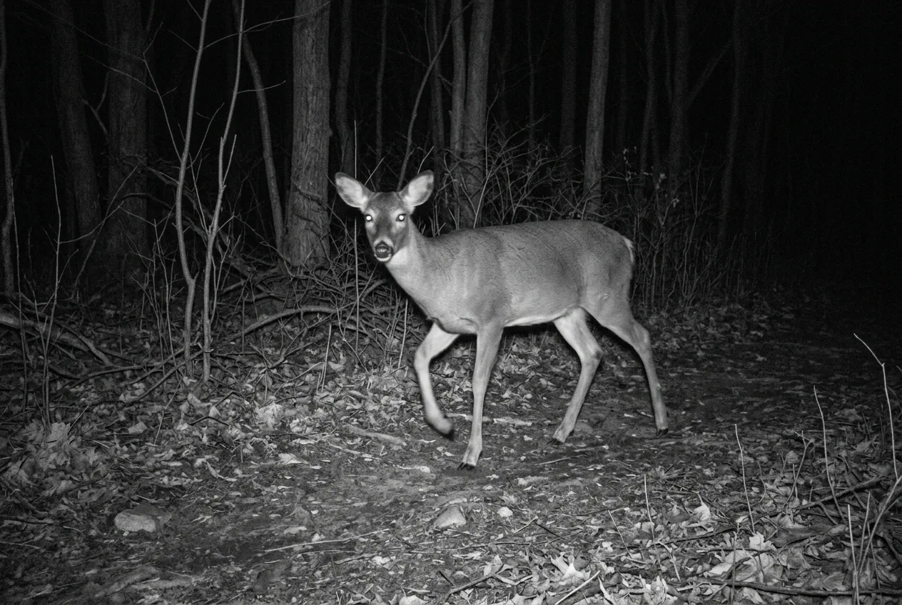 A grainy black-and-white infrared trail-camera night photo of a deer crossing a woodland trail after dark