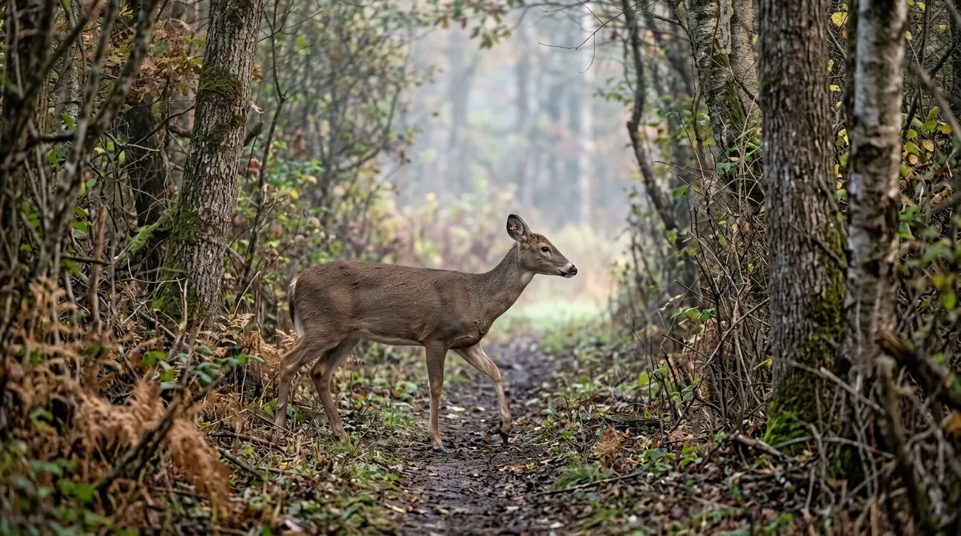 A deer moving through a narrow wooded funnel between two fields at dawn