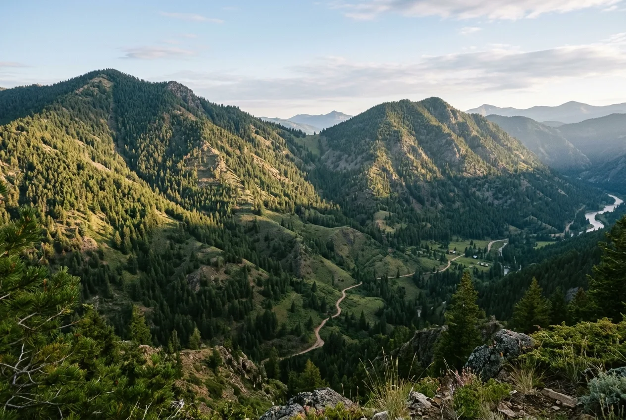 A low saddle dipping between two forested ridge tops seen from across a valley