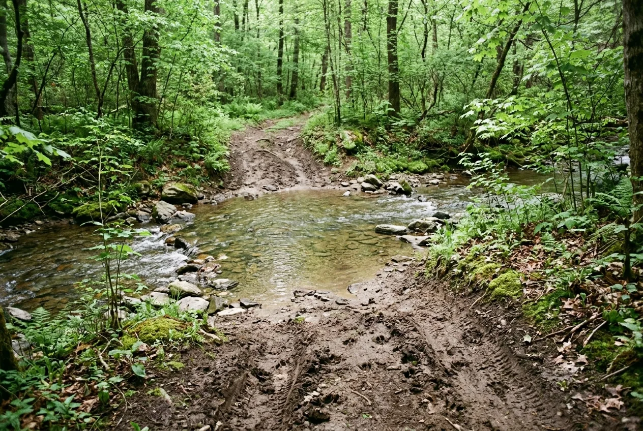 A worn deer trail crossing a shallow creek at a natural ford in the woods
