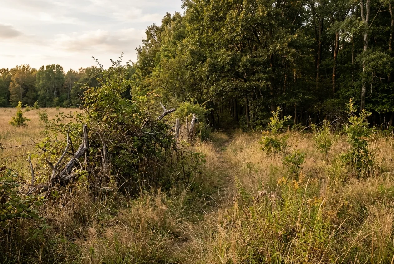An inside corner where a brushy fence line meets timber, funneling movement