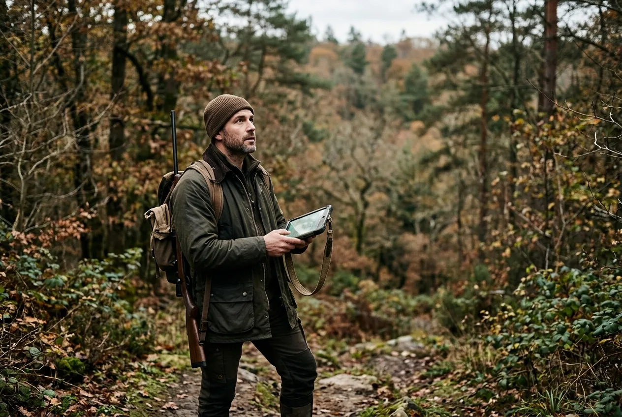 A hunter studying a mapping tablet at the edge of the woods in soft light