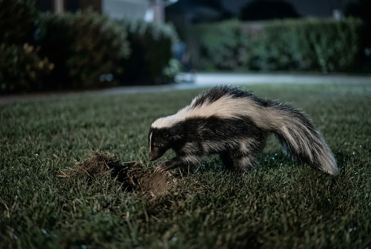 A striped skunk foraging at night on a lawn beside small cone-shaped holes