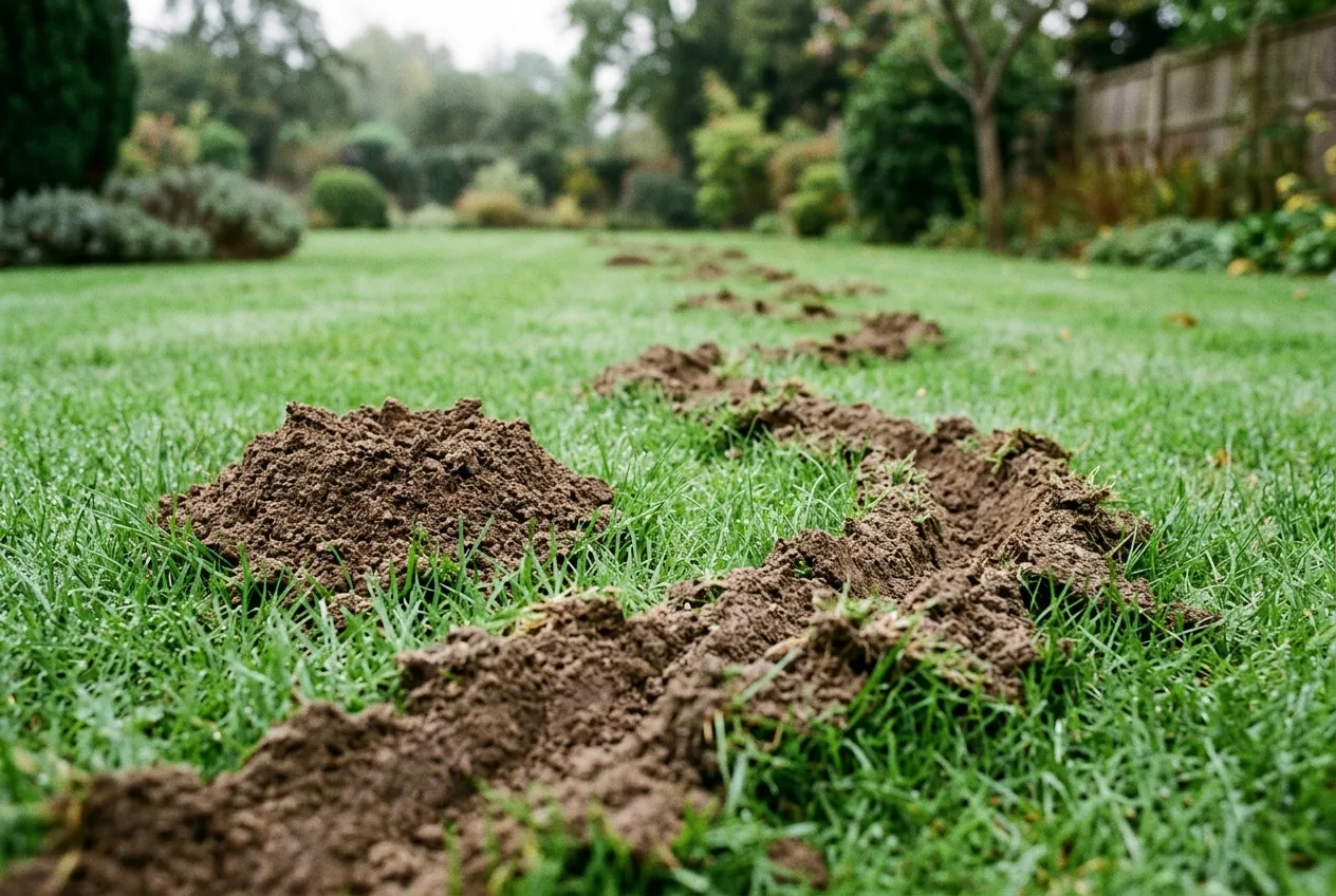 Raised wandering mole ridges and a volcano-shaped molehill crossing a green lawn