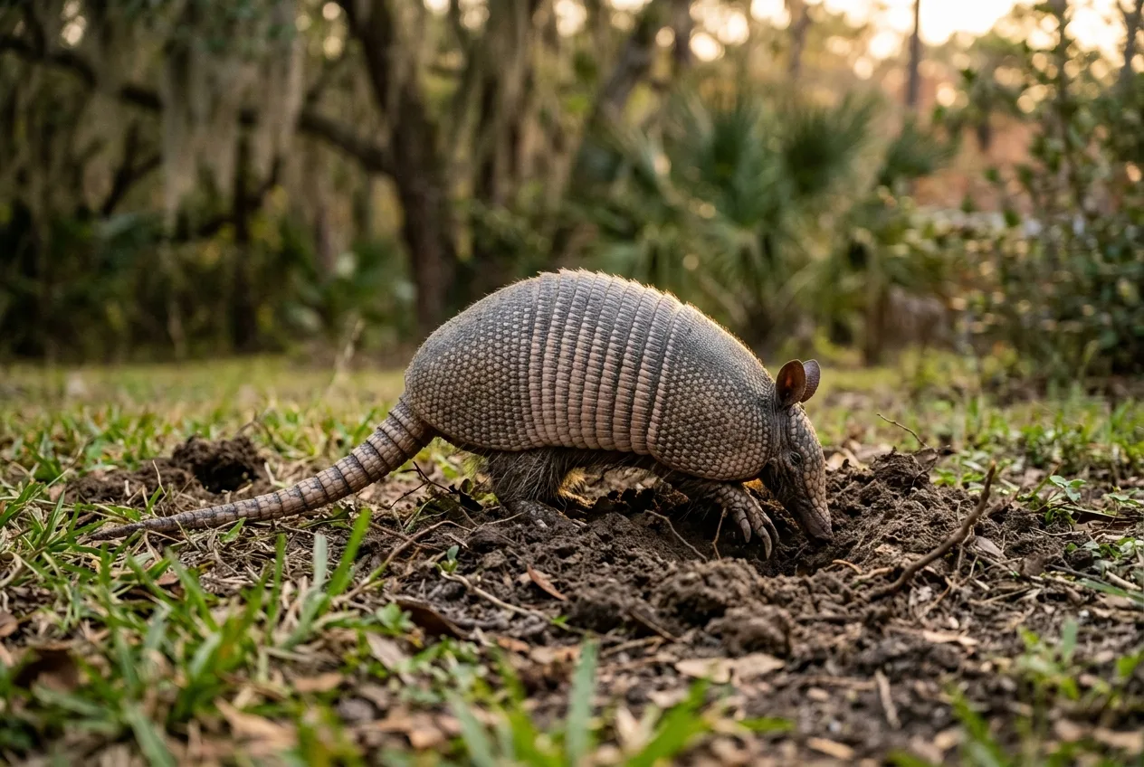 A nine-banded armadillo rooting shallow foraging holes in a Southern yard at dusk