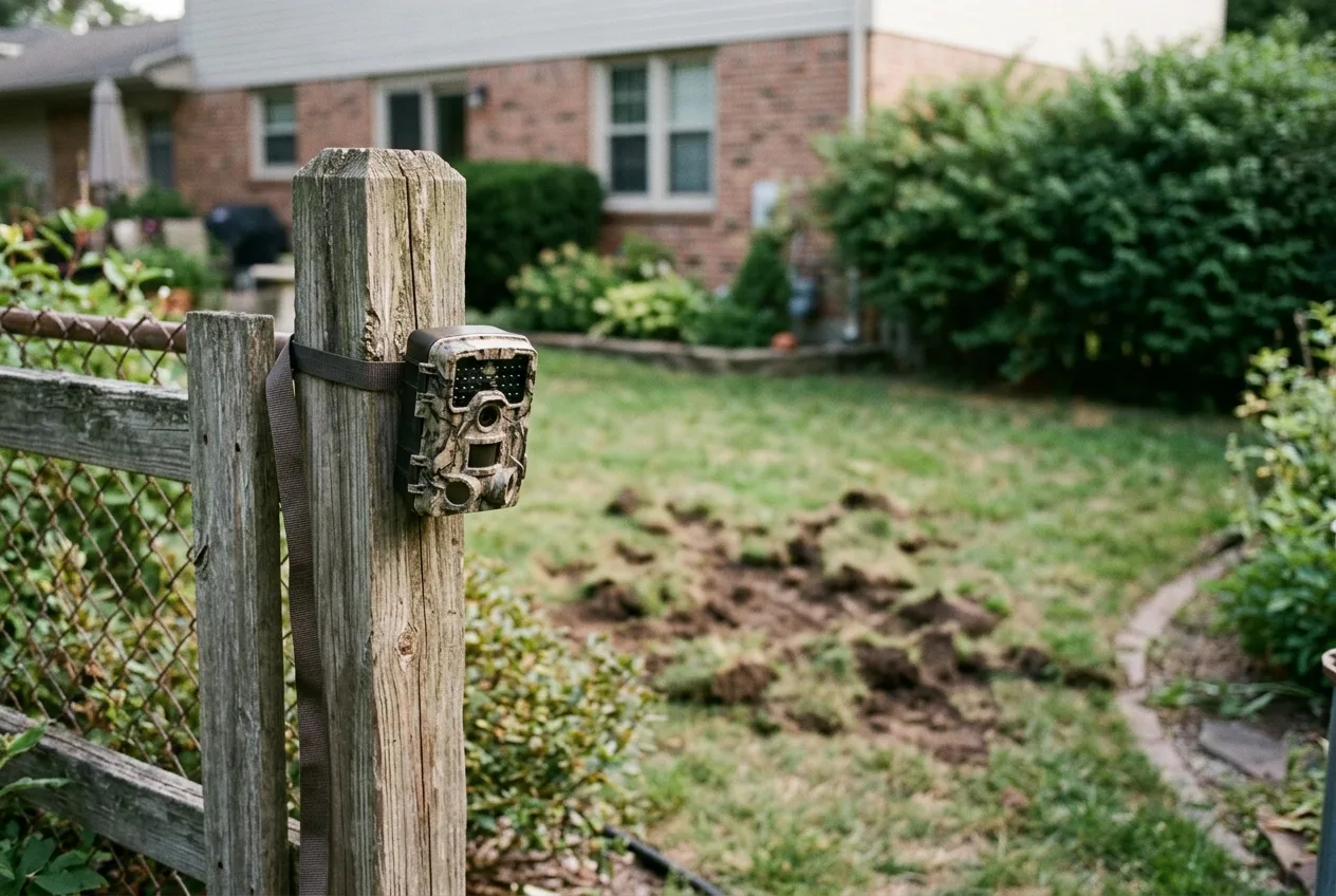 A trail camera strapped to a fence post aimed at fresh lawn damage in a backyard