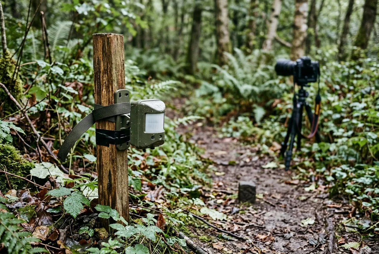A passive infrared sensor clamped to a stake aimed across a trail toward a taped-focus spot