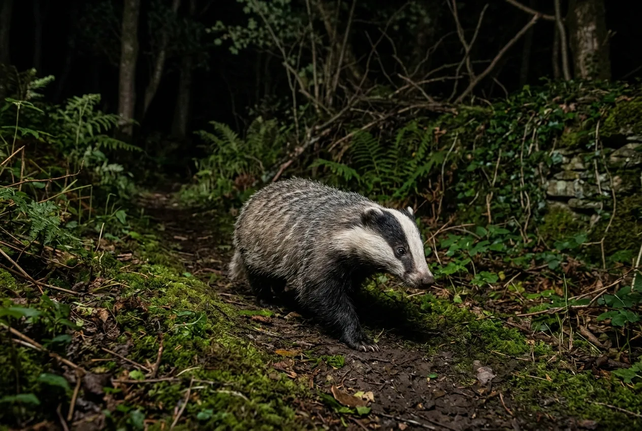 A badger lit by two off-camera flashes at night on a woodland path, naturally lit and sharp
