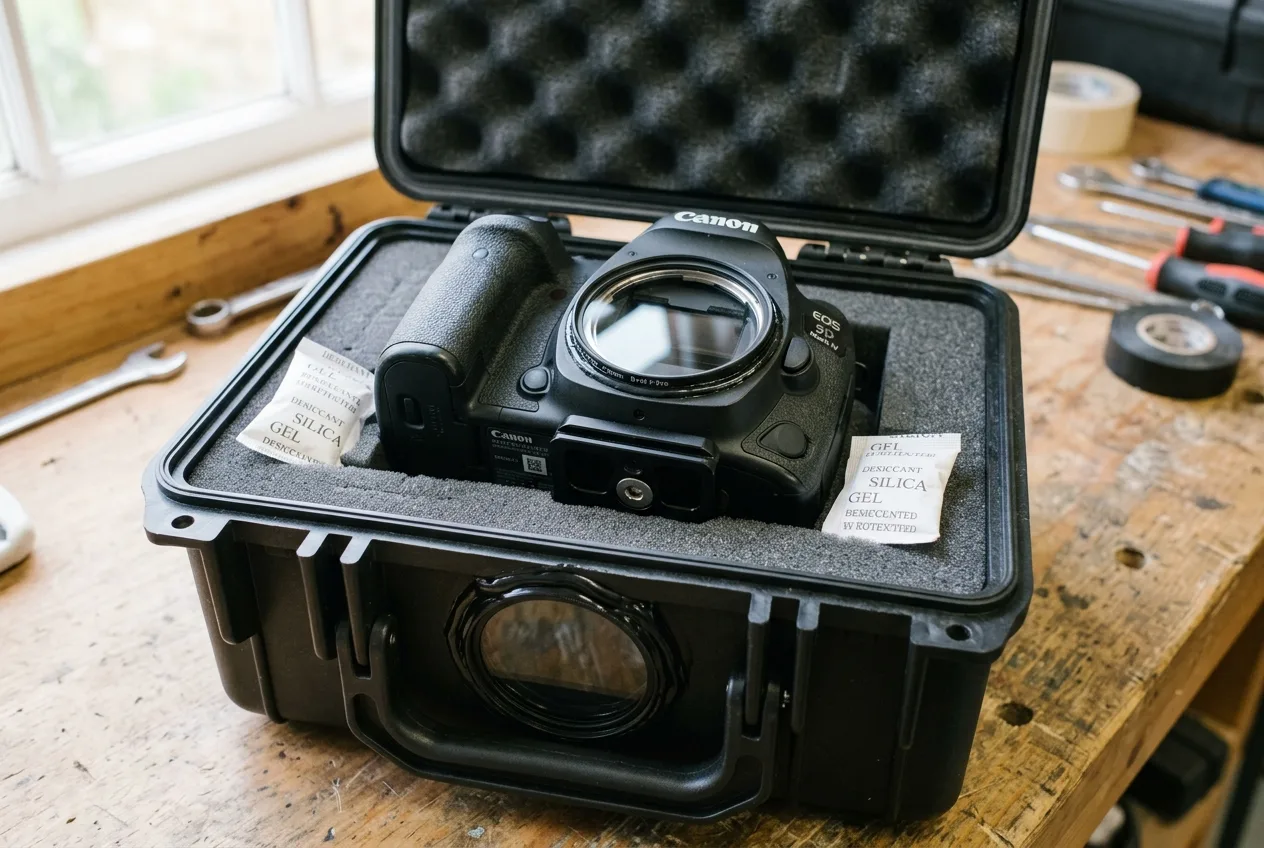 A weatherproofed DSLR in a hard case with a UV-filter lens window and silica packs, on a workbench