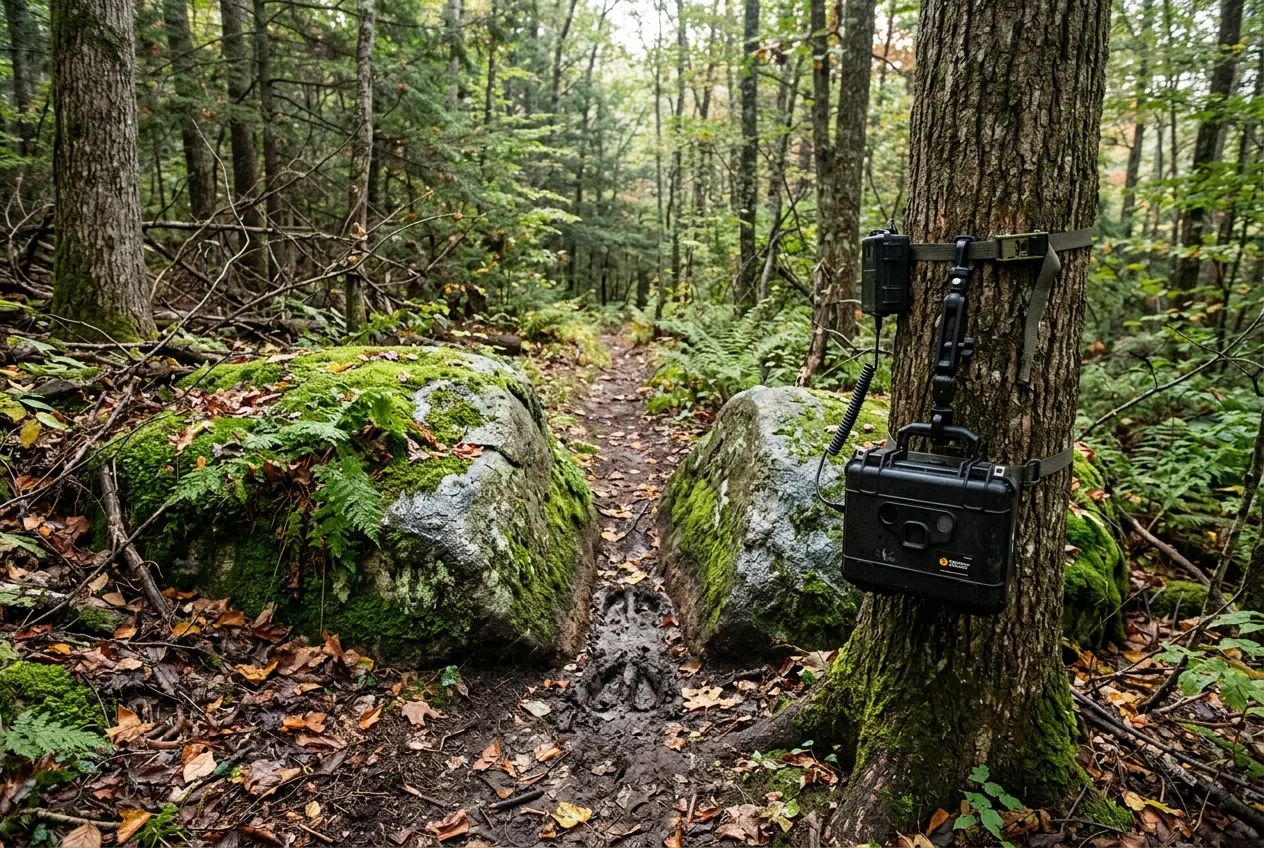 A camera trap aimed at a pinch point where a game trail squeezes between two boulders