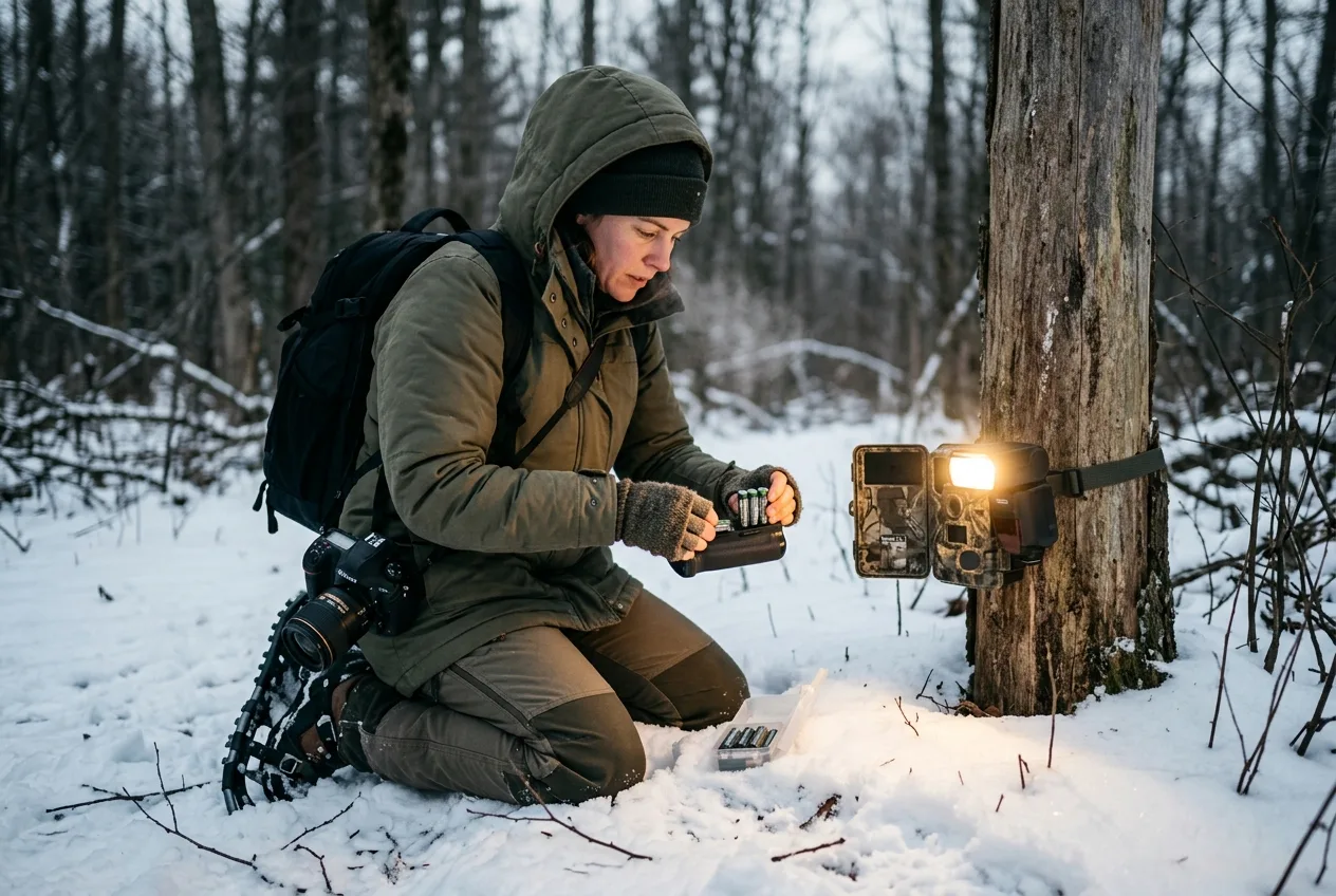 A photographer in winter kneeling to swap batteries and test-fire a camera trap in snow