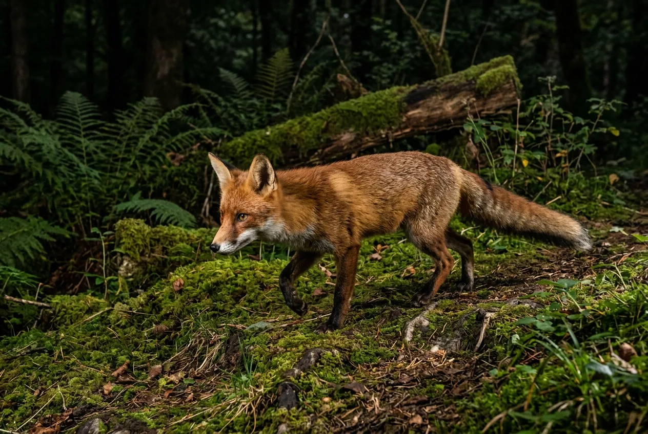 A red fox lit by off-camera flash at night on a woodland path, sharp and in full color