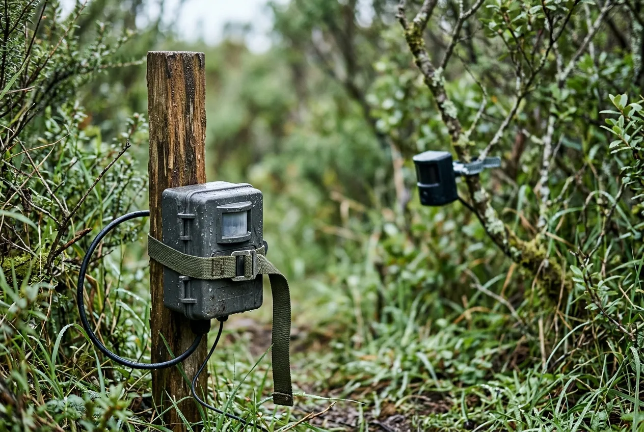 Close-up of a passive infrared trigger sensor and a beam-break emitter mounted on a stake in the field