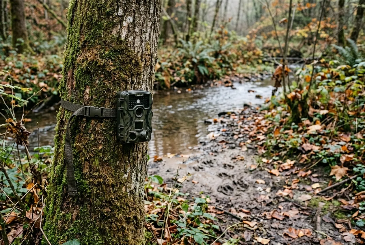 A small sealed trail camera strapped to a tree trunk overlooking a stream crossing