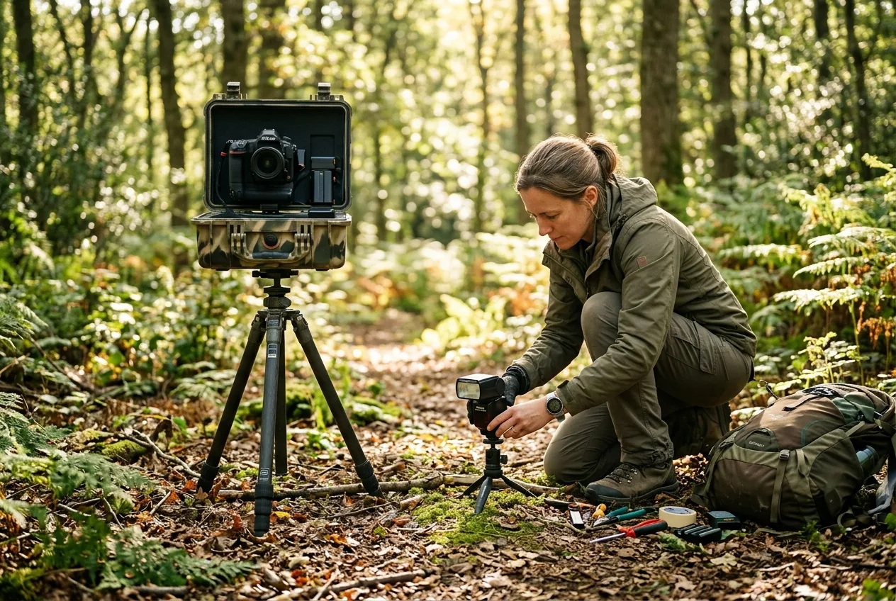 A wildlife photographer kneeling to calibrate a camera trap and flashes in a clearing