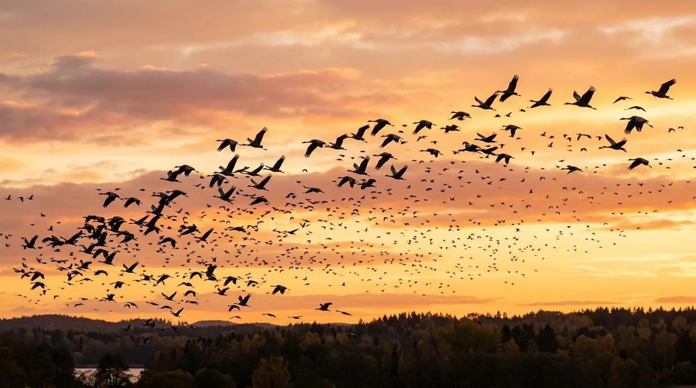 A large flock of migrating birds streaming across a glowing autumn sunset sky