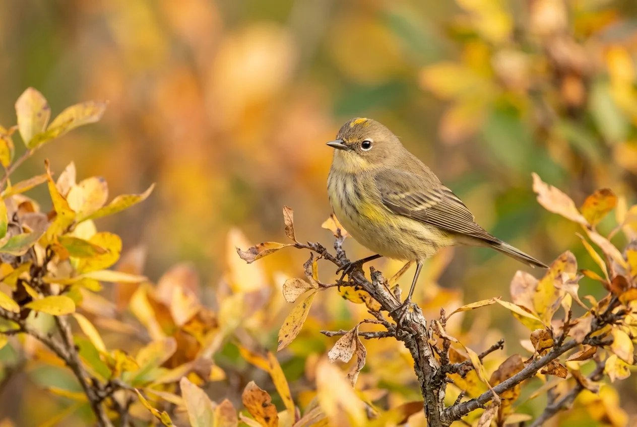 A small warbler in muted fall plumage among yellowing autumn leaves