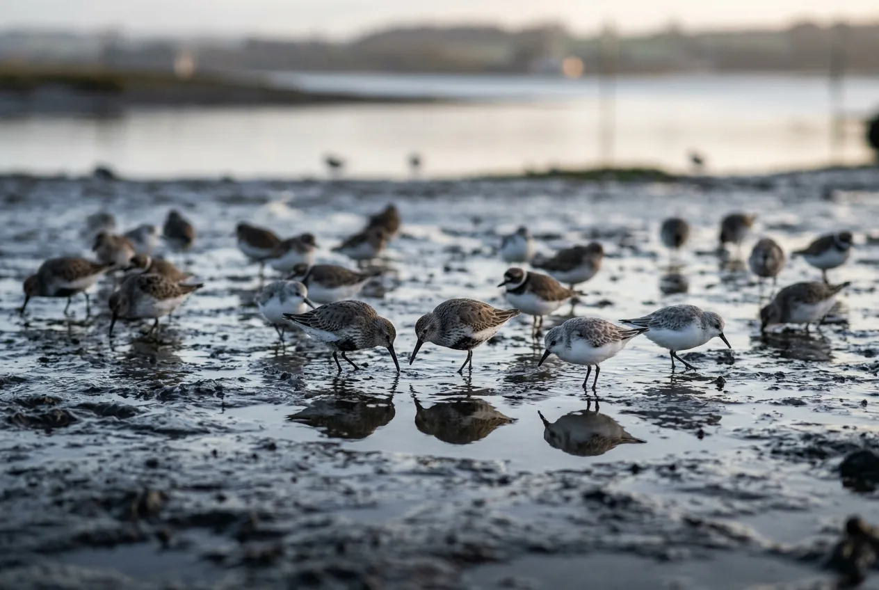 A flock of shorebirds feeding and resting on a tidal mudflat at low light