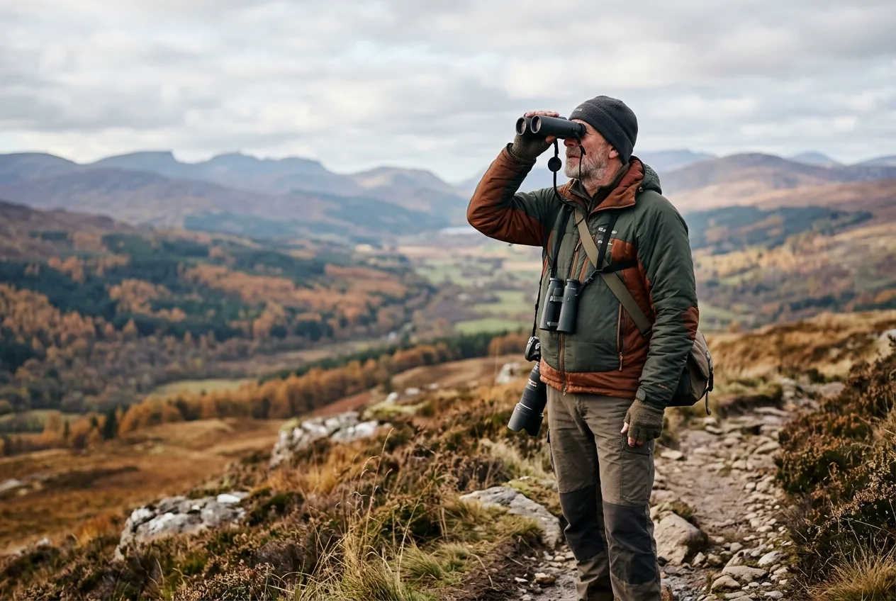 A birder with binoculars scanning the sky from a hilltop hawk-watch in autumn