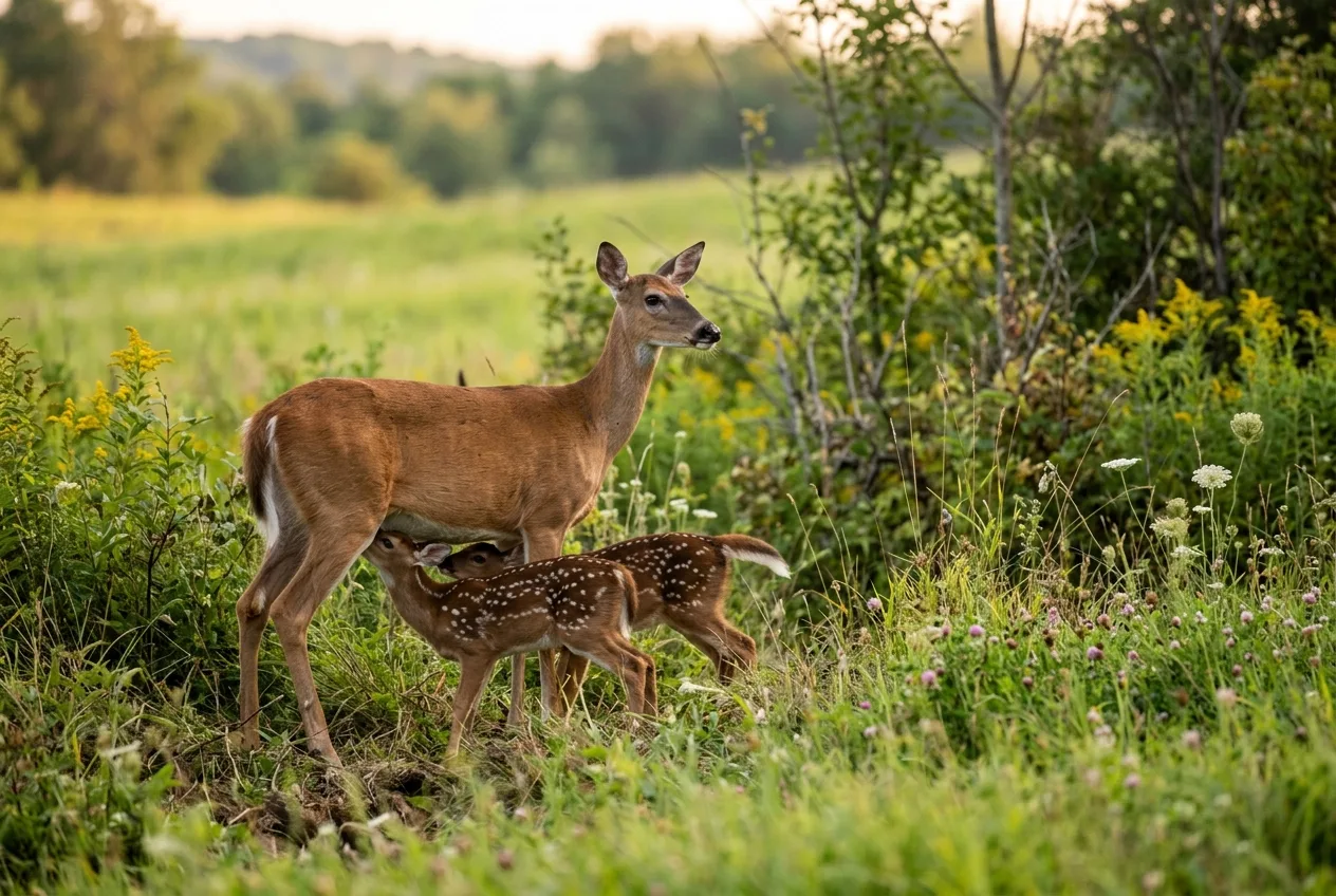 A white-tailed doe nursing twin spotted fawns at the edge of a summer meadow