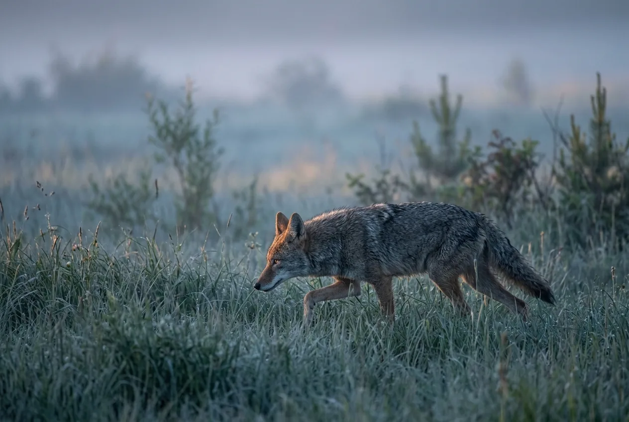 A coyote moving through tall grass at dawn in open early-successional habitat