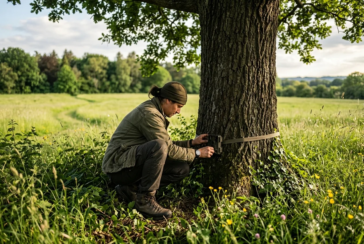 A hunter checking a trail camera mounted on an oak at the edge of a summer field
