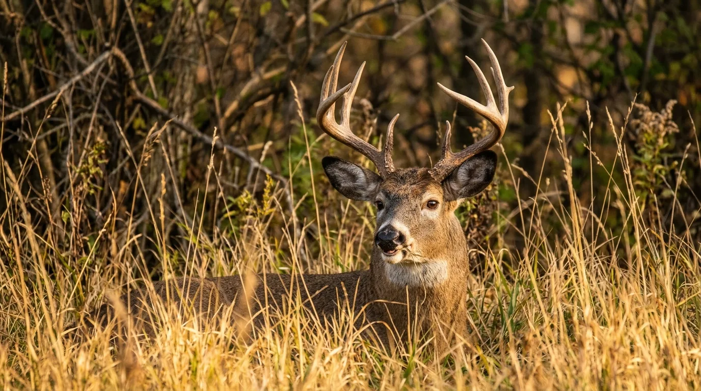 A buck bedded in tall golden grass at the edge of thick cover, watching alertly