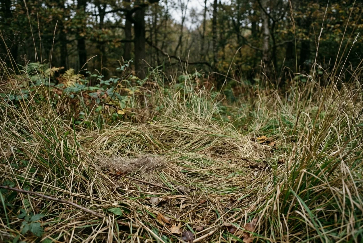 A matted oval depression in tall grass where a deer has recently bedded