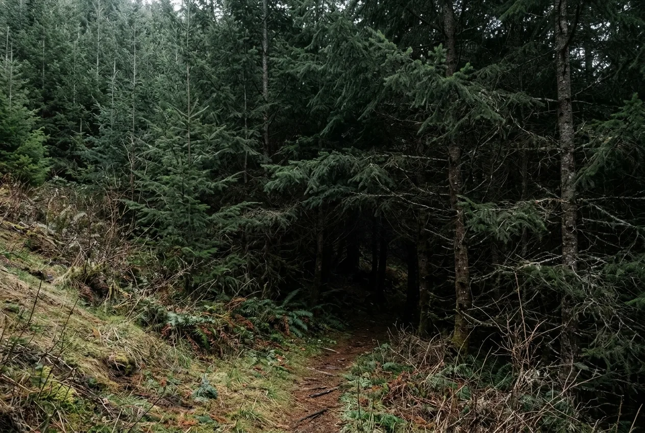 Dense young conifers on a hillside providing thick thermal bedding cover