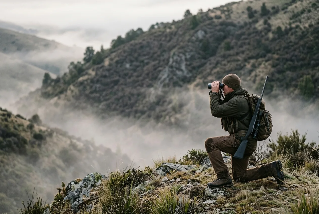 A hunter glassing a distant brushy ridge from across an open valley