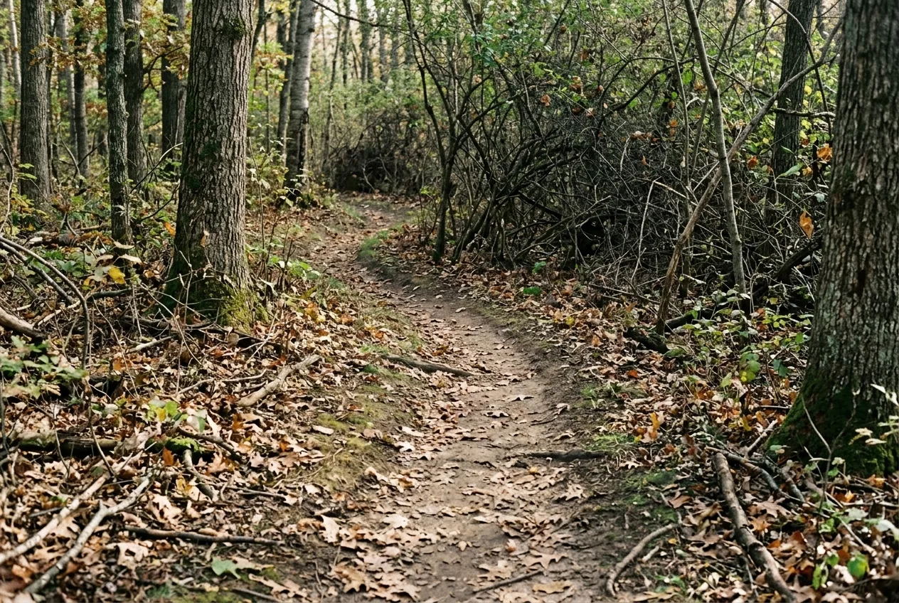 A well-worn deer trail leading from open woods into a wall of thick brush