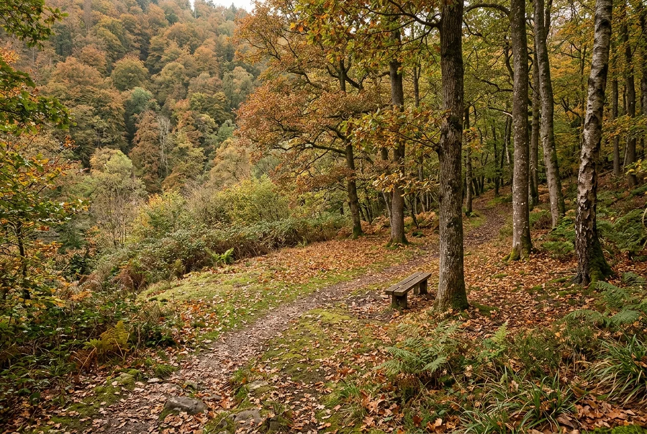 A wooded benched terrace on a slope where the ground levels into a sheltered shelf
